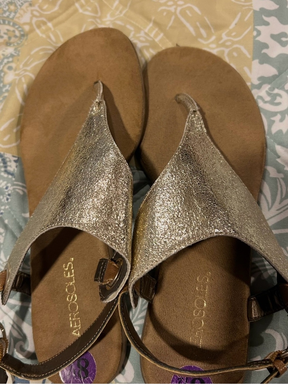 AEROSOLES Metallic Gold T-Strap Sandals